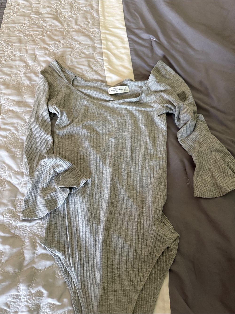 Abercrombie & Fitch Heather Gray Ribbed Off-Shoulder Bell Sleeve Bodysuit